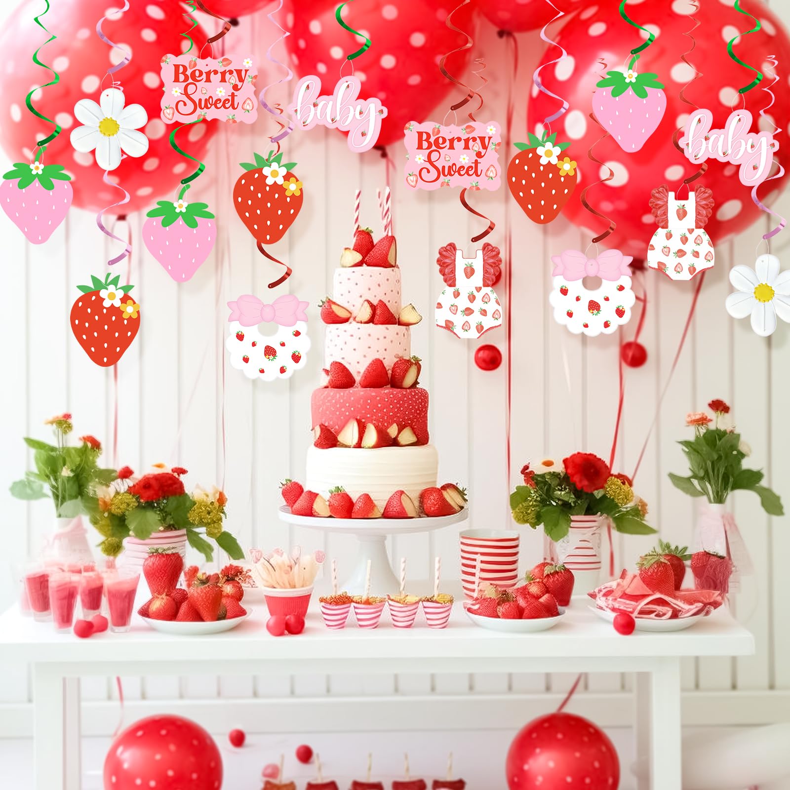 Strawberry Baby Shower Party Hanging Swirls Decorations, Strawberry Theme 1st Birthday Ceiling Streamers, Summer Fruit A Berry Sweet Baby is on the Way Baby Shower Mom to Be Girls First Birthday Party