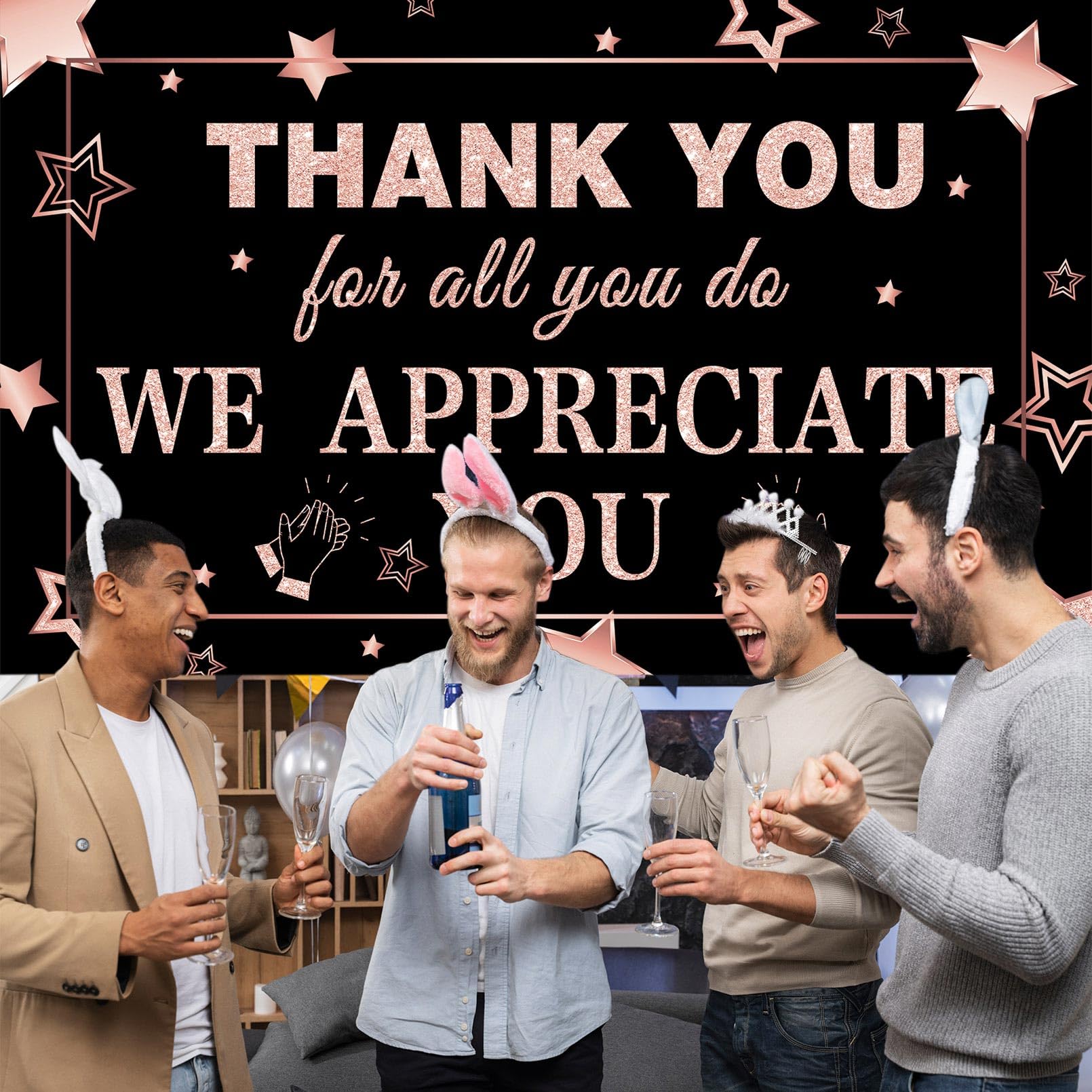 We Appreciate You Banner Decorations Thank You Banner Thank You for All You Do Backdrop for Teacher Employee Staff Doctors Nurse Poaster Volunteer Appreciation Week Party Decor - Rose Gold & Black