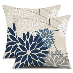 blue and gray floral pillow covers 24x24 set of 2 outdoor waterproof white colored decorative throw pillows summer pillowcase polyester cushion case decor for couch patio funiture garden porch 01b24