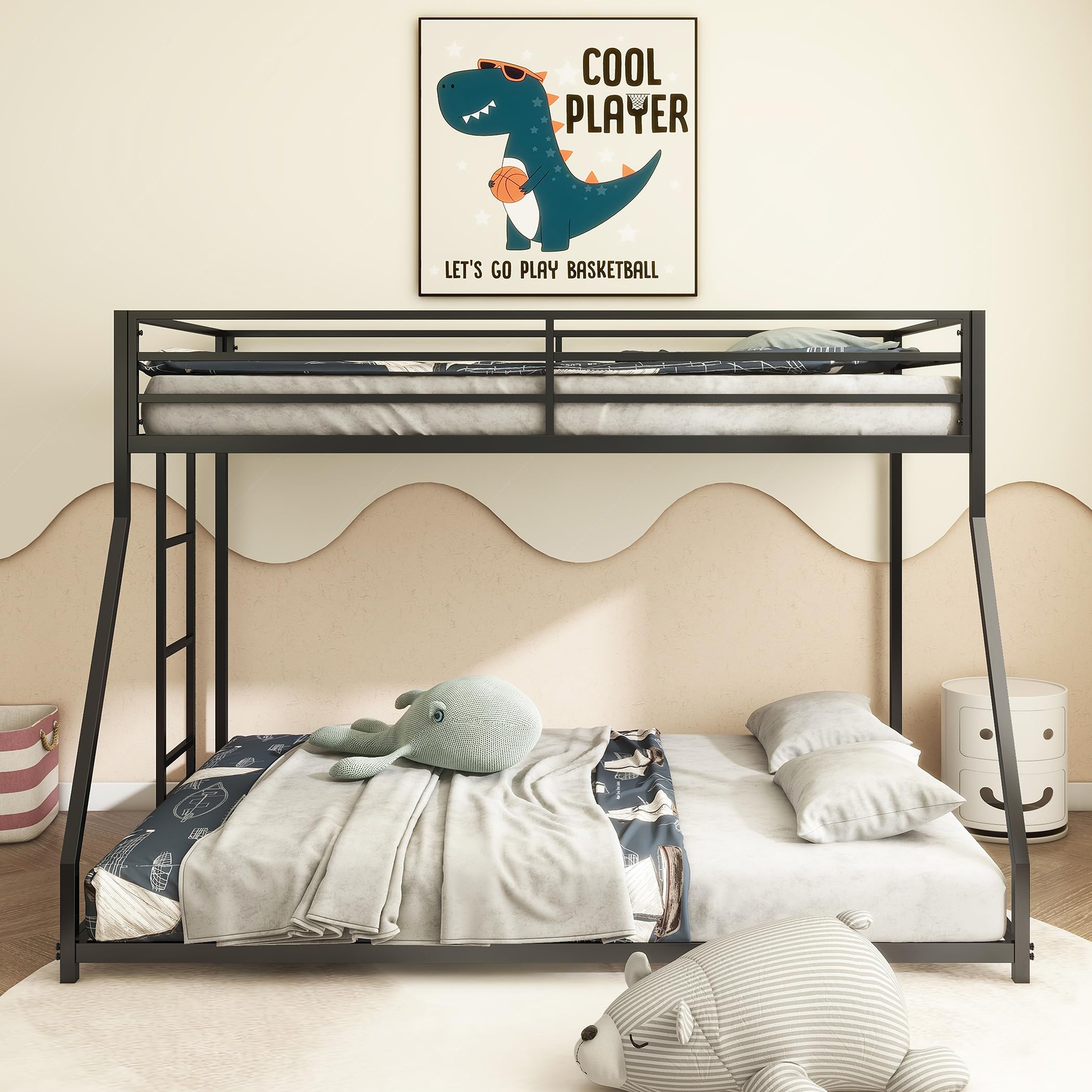 FRANSOUL Heavy Duty Bunk Bed for Adults,Full XL Over Queen Bunk Bedframe with Ladder and Full Length Guardrail for Adults,Teens,Kids,No Box Spring Needed