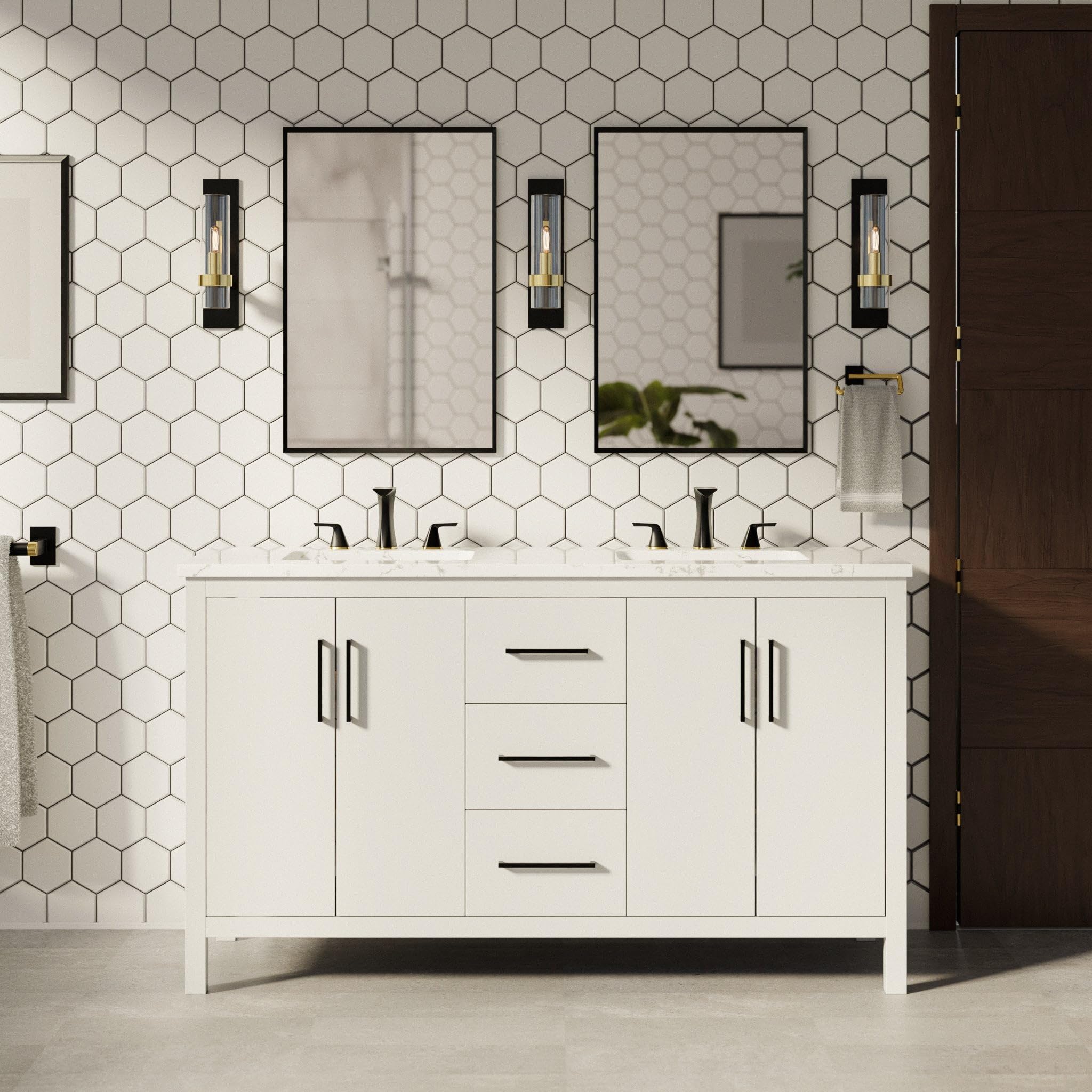 Kitchen Bath Collection Copenhagen 60-inch Double Bathroom Vanity (Engineered Marble/White): Includes White Cabinet with Engineered Marble Countertop and White Ceramic Sink