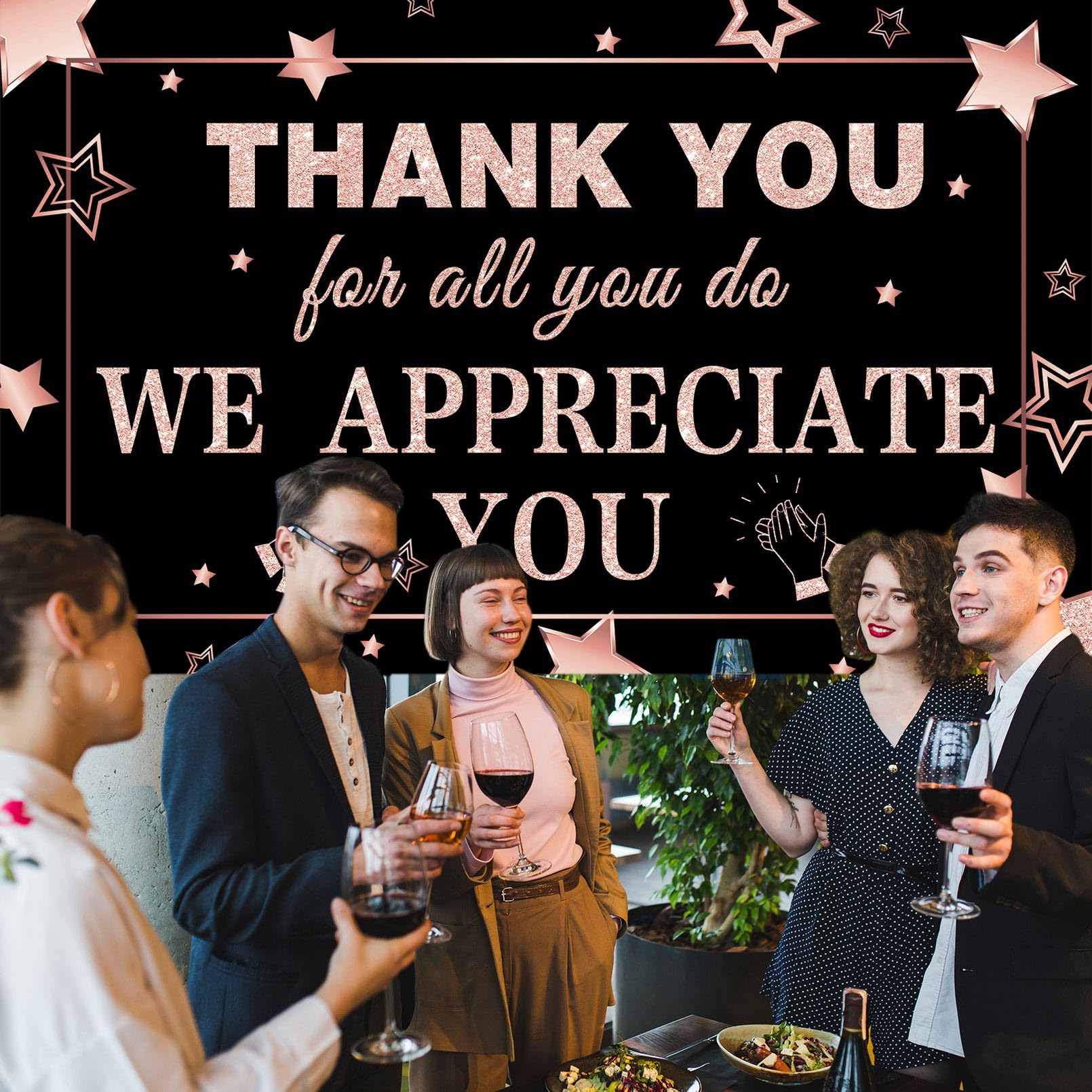 We Appreciate You Banner Decorations Thank You Banner Thank You for All You Do Backdrop for Teacher Employee Staff Doctors Nurse Poaster Volunteer Appreciation Week Party Decor - Rose Gold & Black