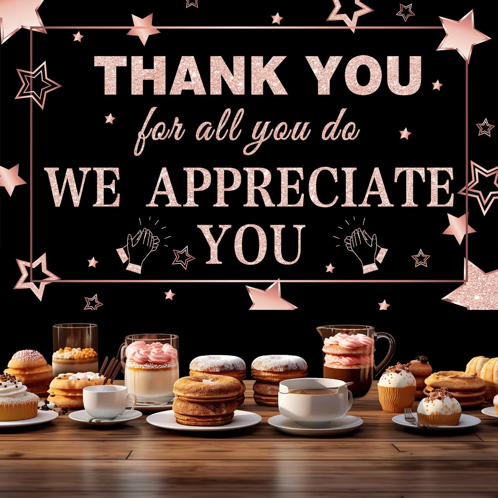 We Appreciate You Banner Decorations Thank You Banner Thank You for All You Do Backdrop for Teacher Employee Staff Doctors Nurse Poaster Volunteer Appreciation Week Party Decor - Rose Gold & Black