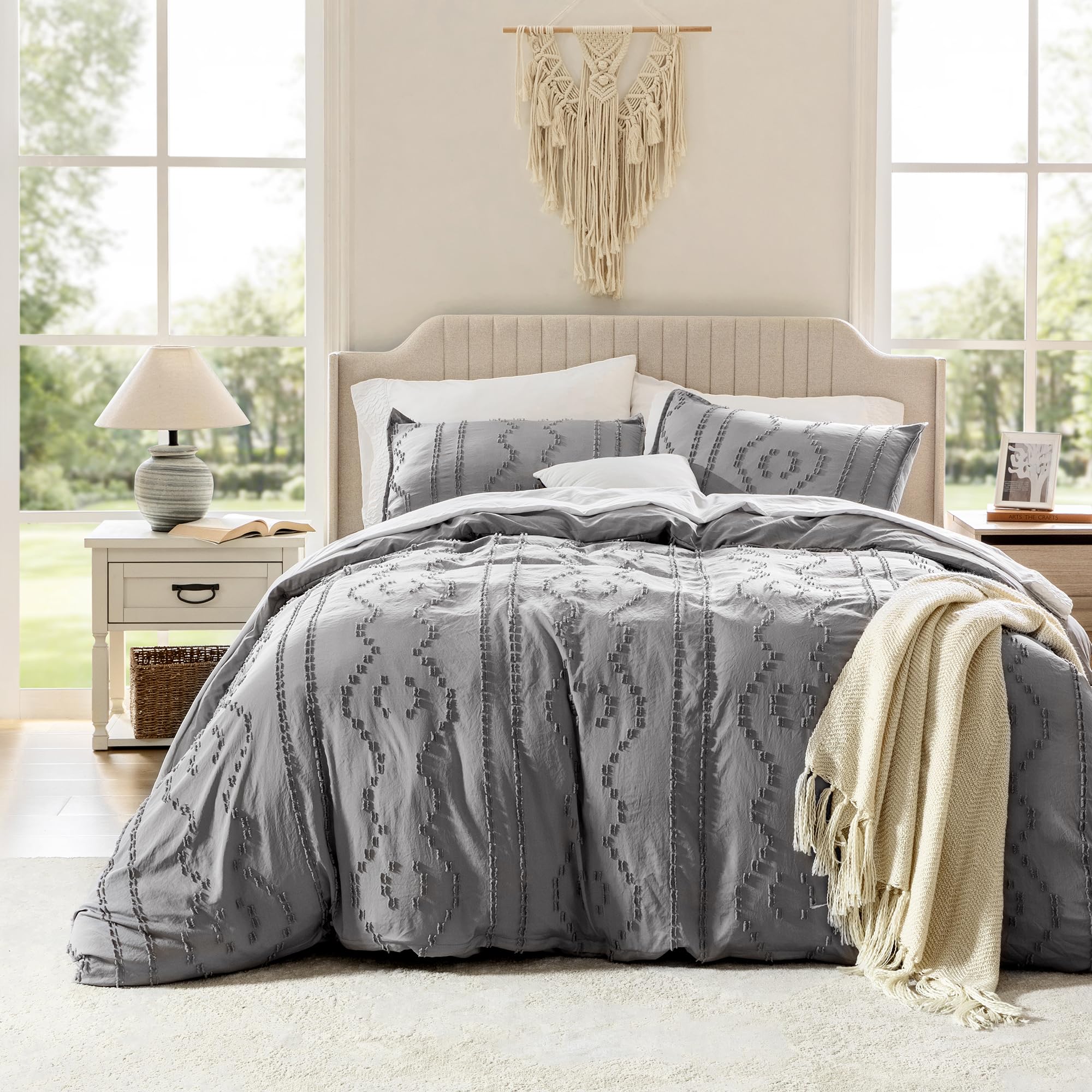 TINA'S HOME Duvet Cover King - Tufted Boho Duvet Cover Set for All Season, 3PCS- 1 Grey Washed Microfiber Duvet Cover with Zipper and 2 Pillow Shams, Chic Bedding Comforter Cover Set