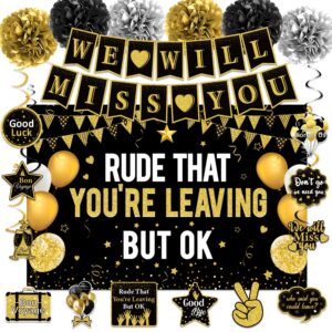 we will miss you party decorations for men women, black gold farewell party supplies - rude that you're leaving but ok banner hanging swirls pompoms，great for retirement going away job change party