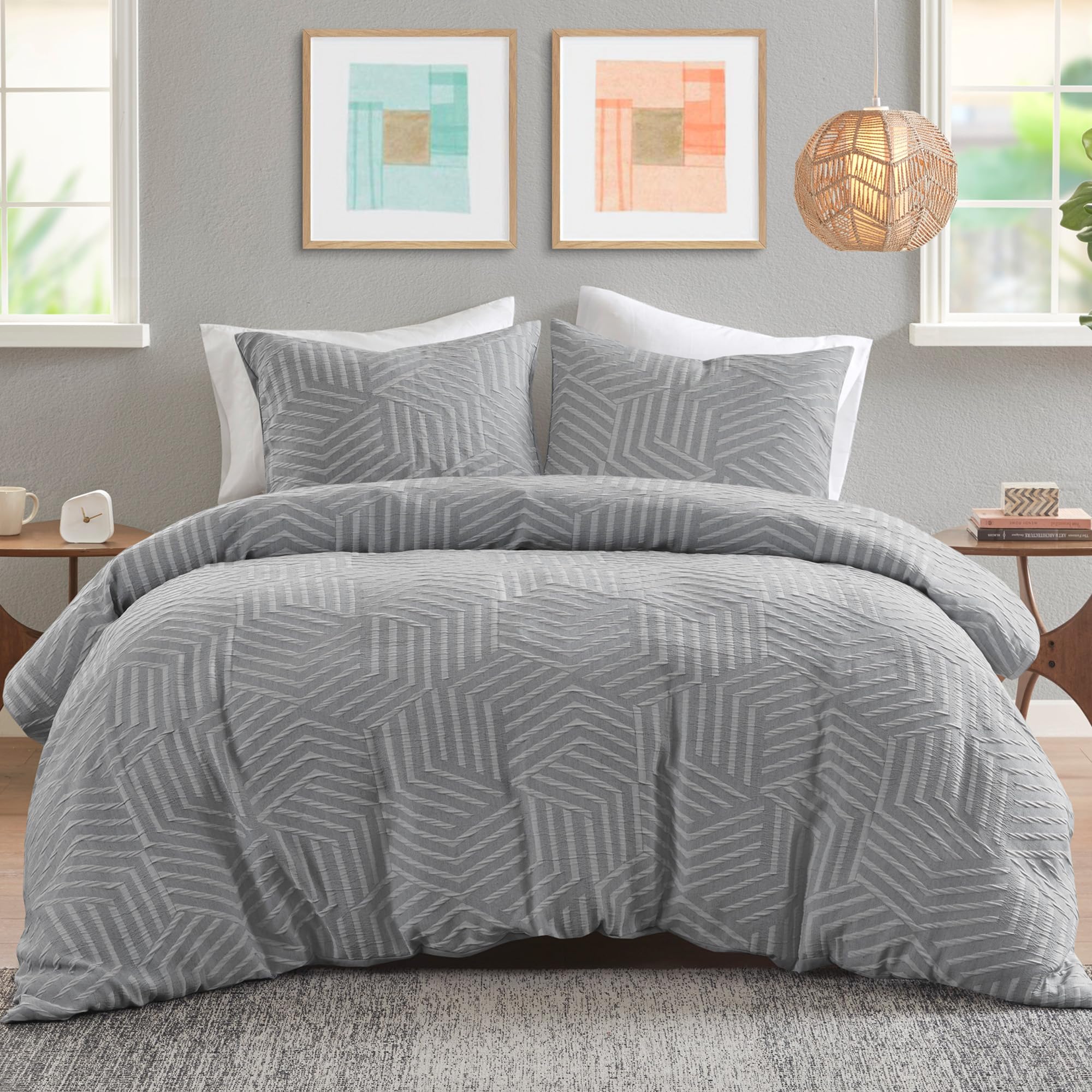 Urban Habitat King Duvet Cover Set Chic Geometric Matelasse Jacquard Duvet Cover King Size, Modern Lightweight All Season Bedding Cover Queen, Matching Shams, Bentley, King, Grey-Blue 3 Piece