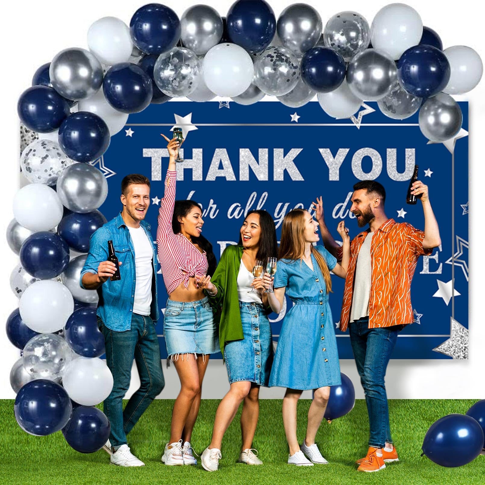 We Appreciate You Decorations Blue Silver Thank You Banner with Balloons Arch Kit We Appreciate You Backdrop for Employee Staff Teacher Doctors Nurse Poaster Volunteer Appreciation Week Party Decor