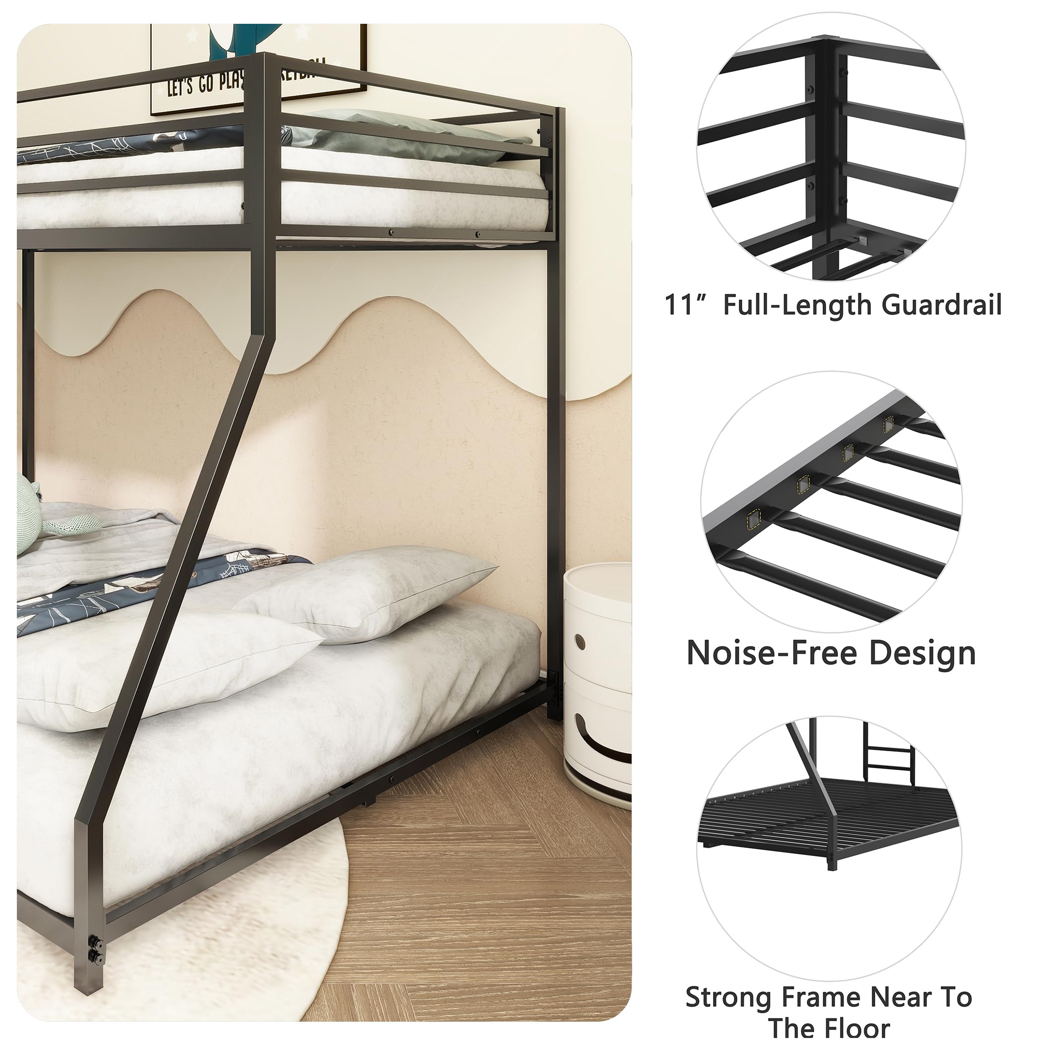 FRANSOUL Heavy Duty Bunk Bed for Adults,Full XL Over Queen Bunk Bedframe with Ladder and Full Length Guardrail for Adults,Teens,Kids,No Box Spring Needed