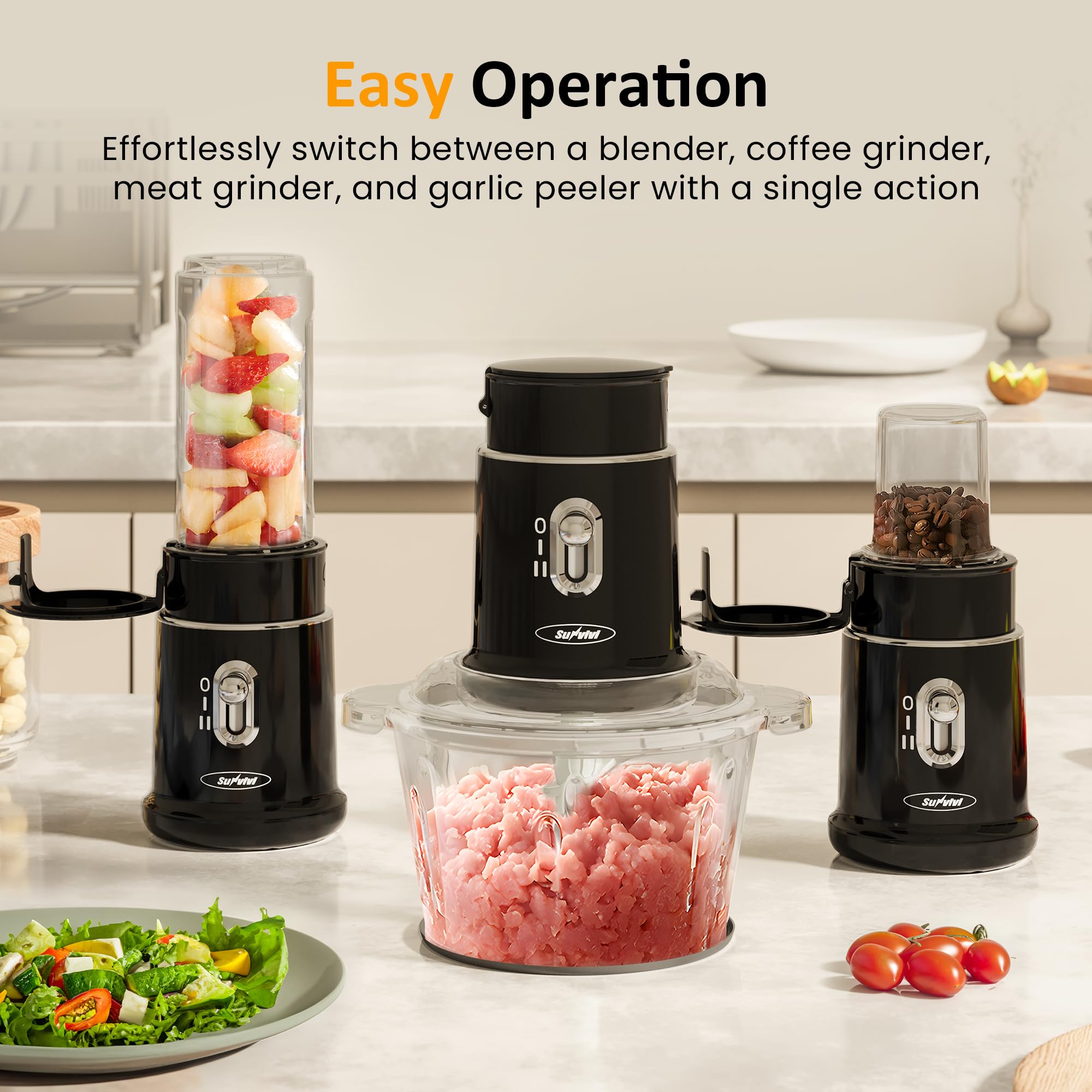 Sunvivi Electric Food Chopper, 4 in 1 Small Food Processor for Grinding Meat, Peeling Garlic & Juicing, 2 Speed Blender and Food Grinder Combo with 1.5L Glass Bowl & 2 Cups (0.4L+0.2L), Black