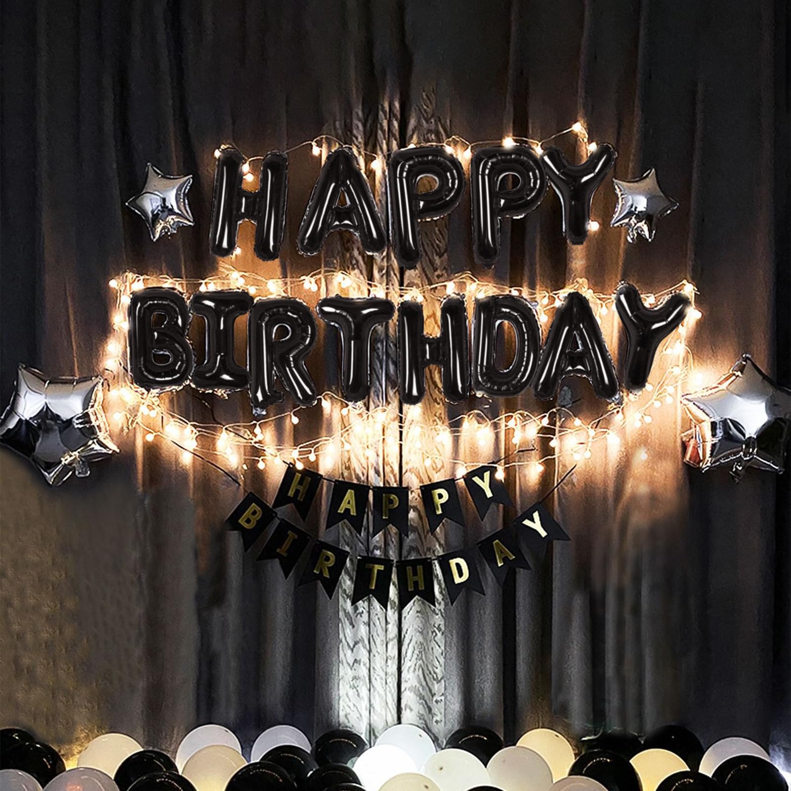 CANREVEL Happy Birthday Banner 13pcs 16 Inch Mylar Foil Letters Sign Balloons with LED Lights Birthday Party Decorations for Kids and Adults - 3D Black