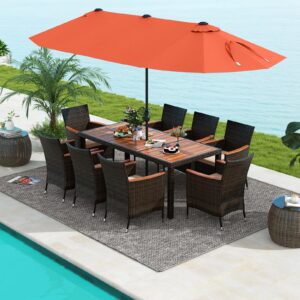 tangkula 11 pieces patio dining set with 15ft double-sided led patio umbrella (base included), outdoor rattan furniture set with 8 stackable chairs, acacia wood dining table and umbrella (orange)