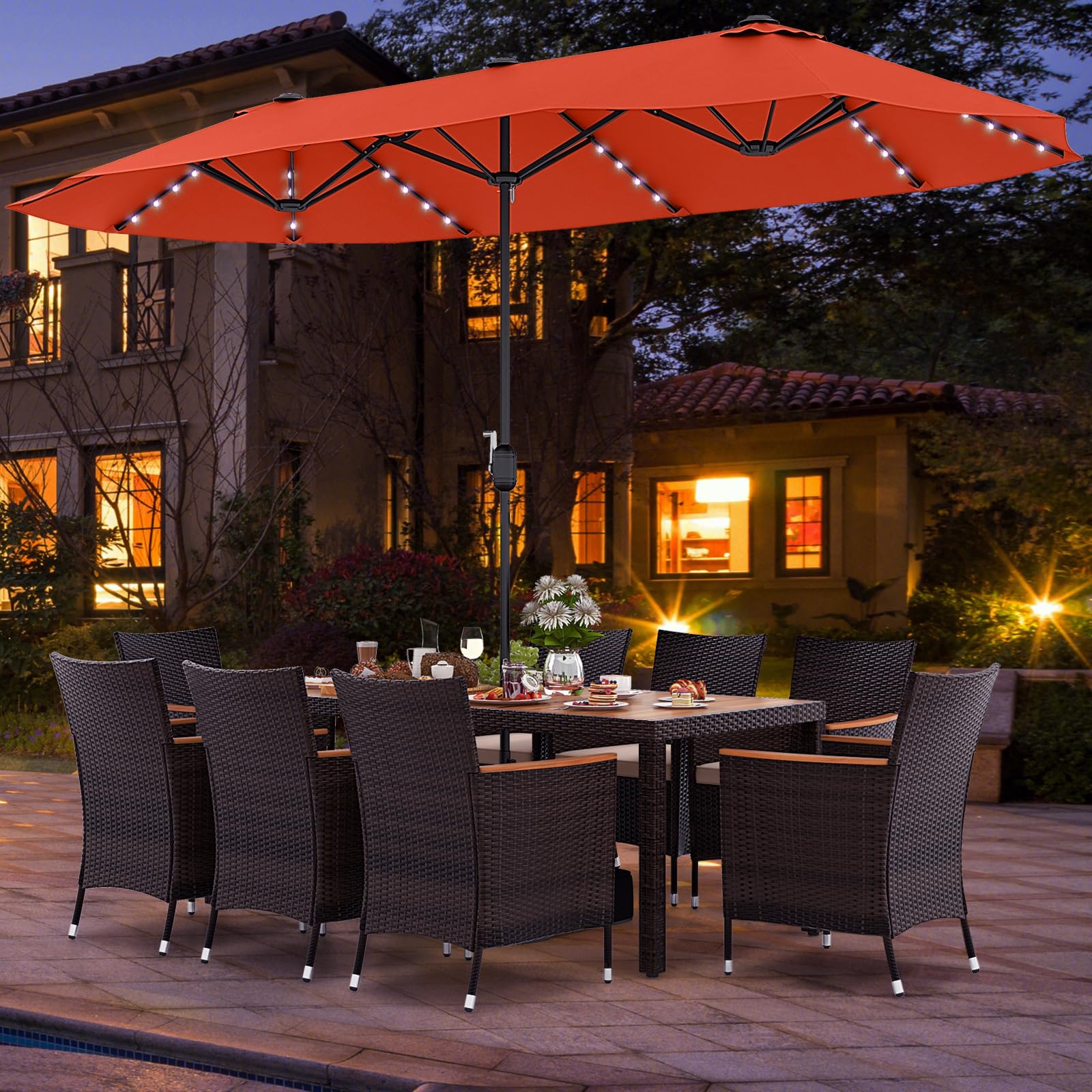 Tangkula 11 Pieces Patio Dining Set with 15ft Double-Sided LED Patio Umbrella (Base Included), Outdoor Rattan Furniture Set with 8 Stackable Chairs, Acacia Wood Dining Table and Umbrella (Orange)