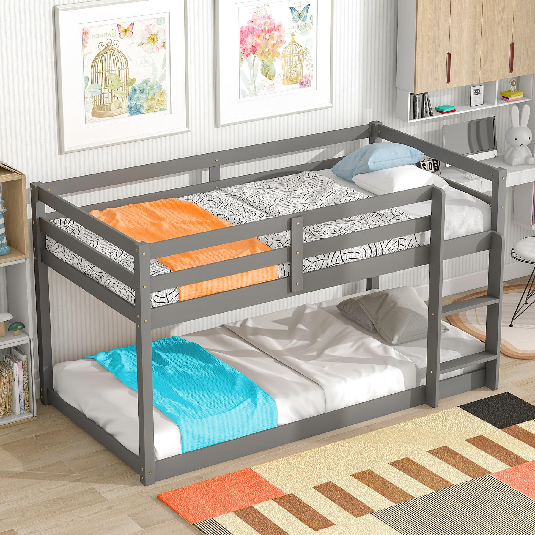 Ochangqi Kids Bunk Bed Twin Over Twin with Stairs and Rails for Kids Toddler Girls Boys,Pine Wood,Easy Assemble, Convertible to Low Profile Loft Bed (Grey)