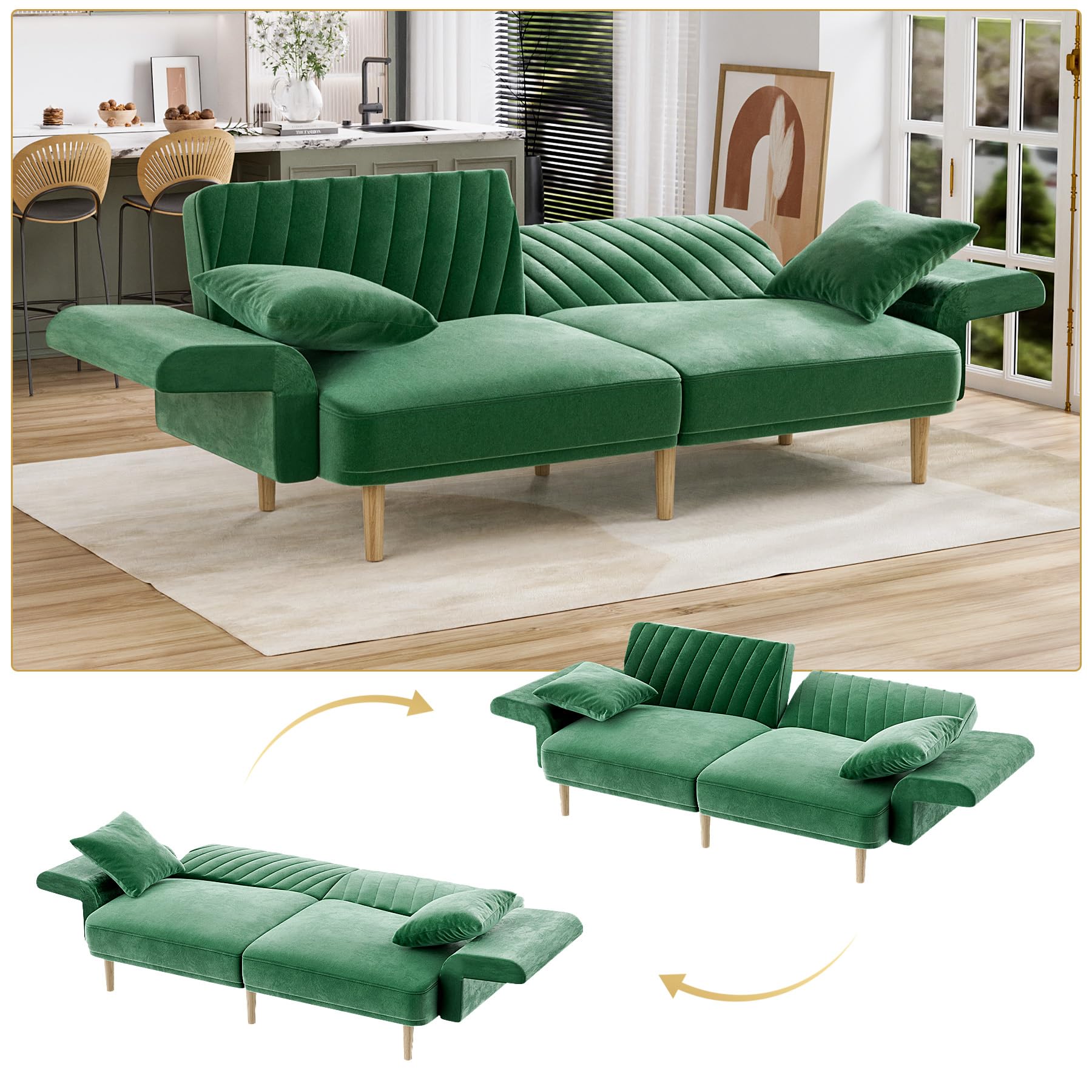 OUYESSIR Velvet Futon Sofa Bed, 75.3" Couch Small Sofa, Loveseat, Convertible Futon Sleeper Sofa with Folding Armrests, Modern Couch for Bedroom, Living Room, Emerald Green