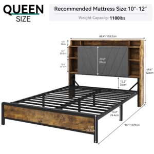 YITAHOME Queen Bed Frame with Storage Headboard, Platform Upholstered Bed with LED Lights & Charging Station, No Box Spring Needed - Brown