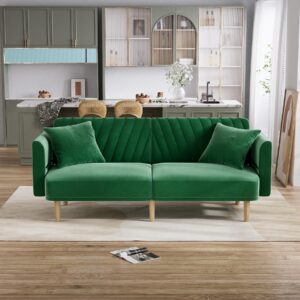 OUYESSIR Velvet Futon Sofa Bed, 75.3" Couch Small Sofa, Loveseat, Convertible Futon Sleeper Sofa with Folding Armrests, Modern Couch for Bedroom, Living Room, Emerald Green