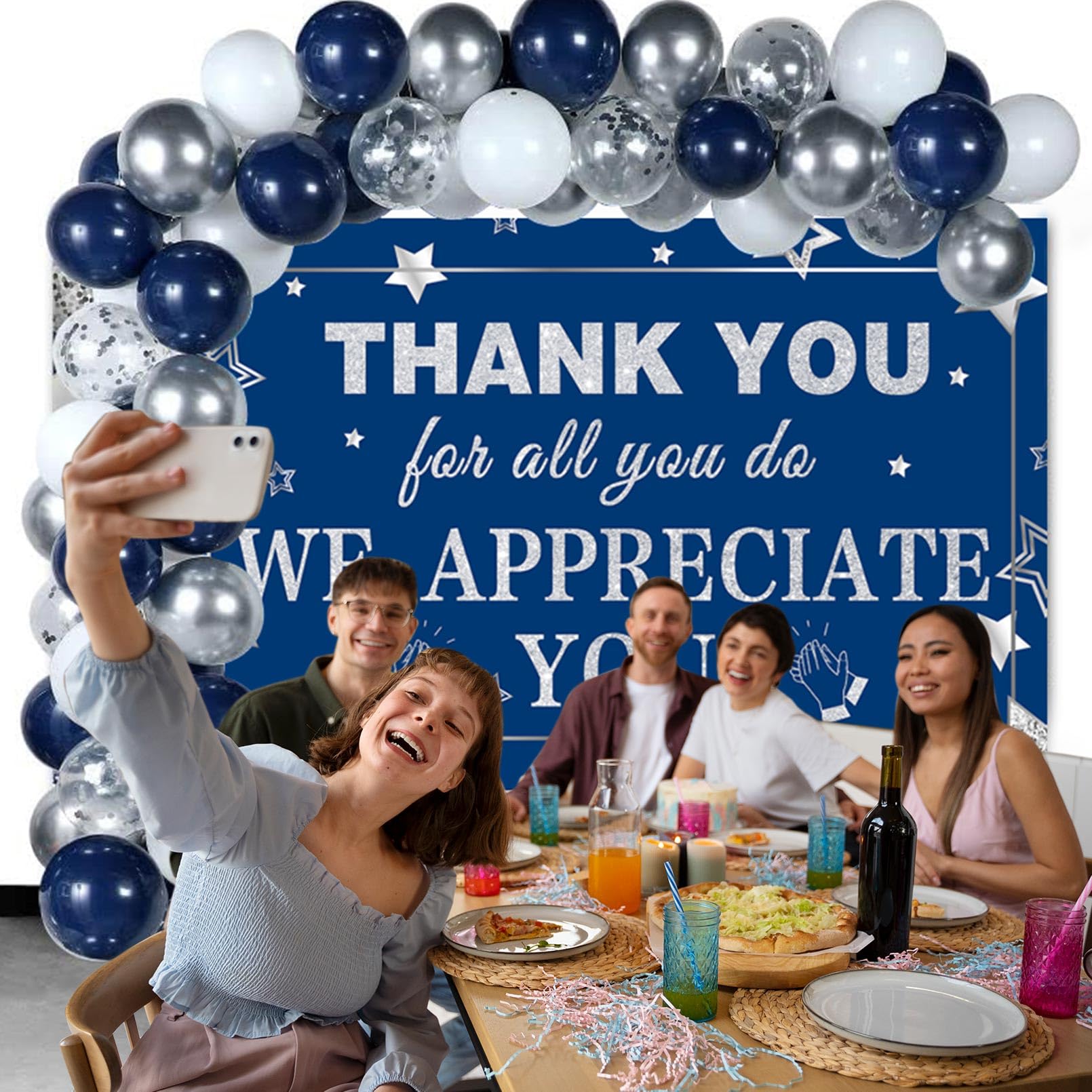 We Appreciate You Decorations Blue Silver Thank You Banner with Balloons Arch Kit We Appreciate You Backdrop for Employee Staff Teacher Doctors Nurse Poaster Volunteer Appreciation Week Party Decor