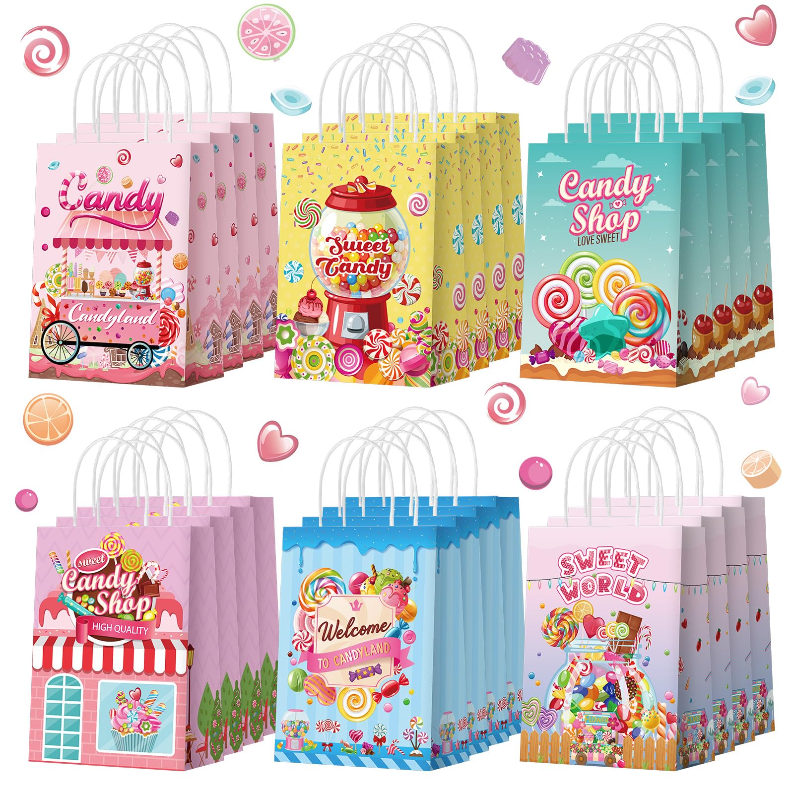 Sinload 24 Pcs Candy Sweet Land Goodie Bags with Handles Lollipop Gift Bags Candy Party Favors Bags Sweet Candy Treat Bags Candy Shop Theme Bags for School Birthday Wedding Baby Shower Party Decor