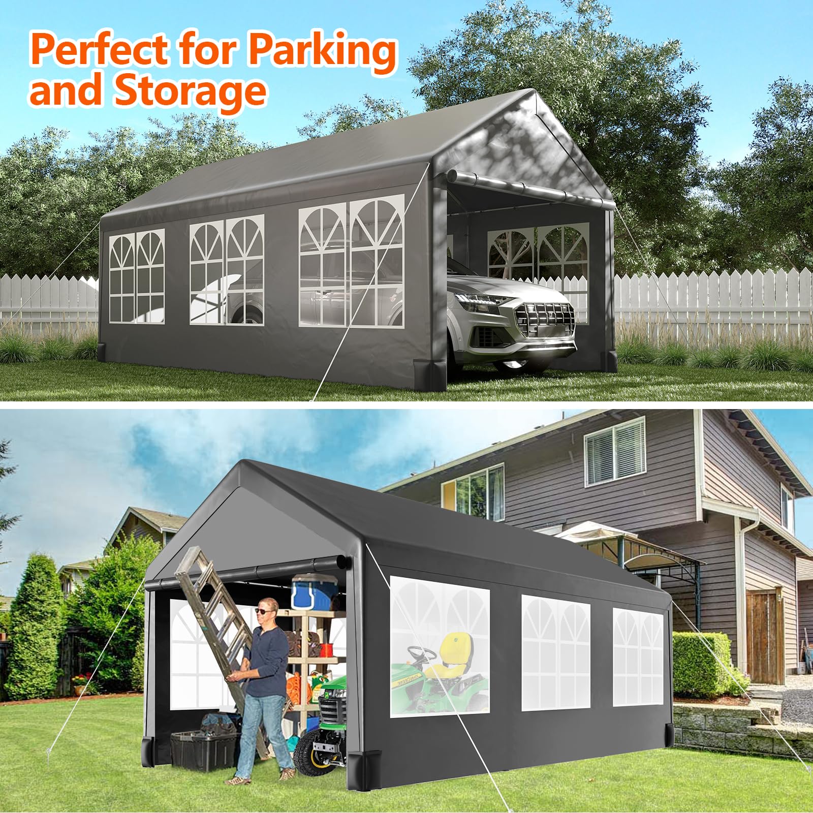 10 * 20 Heavy Duty Carport Canopy, PioneerWorks Portable Car Tent Garage with 6 Roll-up Windows and All-Season Tarp Cover, Metal Roof & 4 Sandbags for Car, SUV, Truck & Boat, Grey