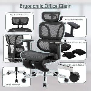 Ergonomic Office Chair with Footrest, Coat Hanger, Breathable All Mesh Home Office Desk Chair, Big and Tall Computer Chair with Metal Legs, Dynamic Lumbar Support, 4D Armrest, 3D Headrest, Black