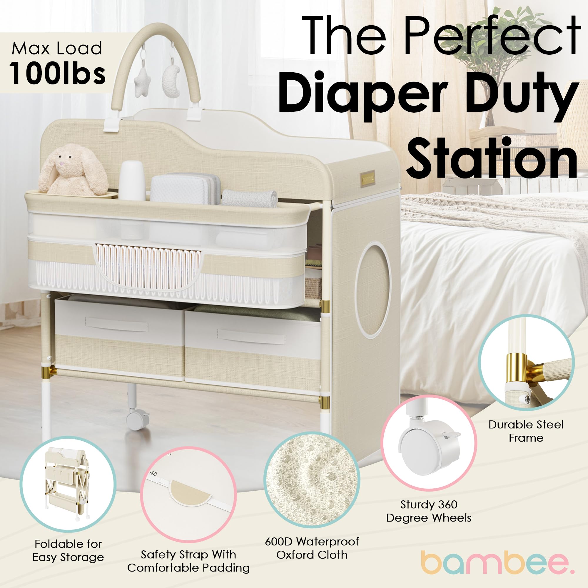 Portable Baby Changing Table with Wheels - Modern Dresser Changing Tables w/Hanging Toys, Laundry Bag, Changing Table Organizer Boxes - Folding Waterproof Baby Diaper Changing Station for Nursery