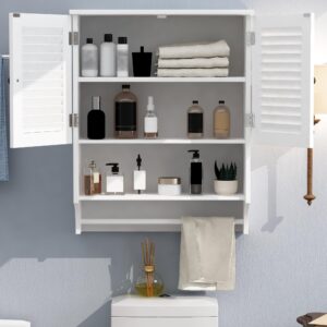 ChooChoo Medicine Cabinet with Towels Bar, 23.6" L x7.9 W x27.5 H MDF Material Bathroom Wall Cabinet, 2 Doors Over The Toilet Space Saver Storage Cabinet with Large Space, White