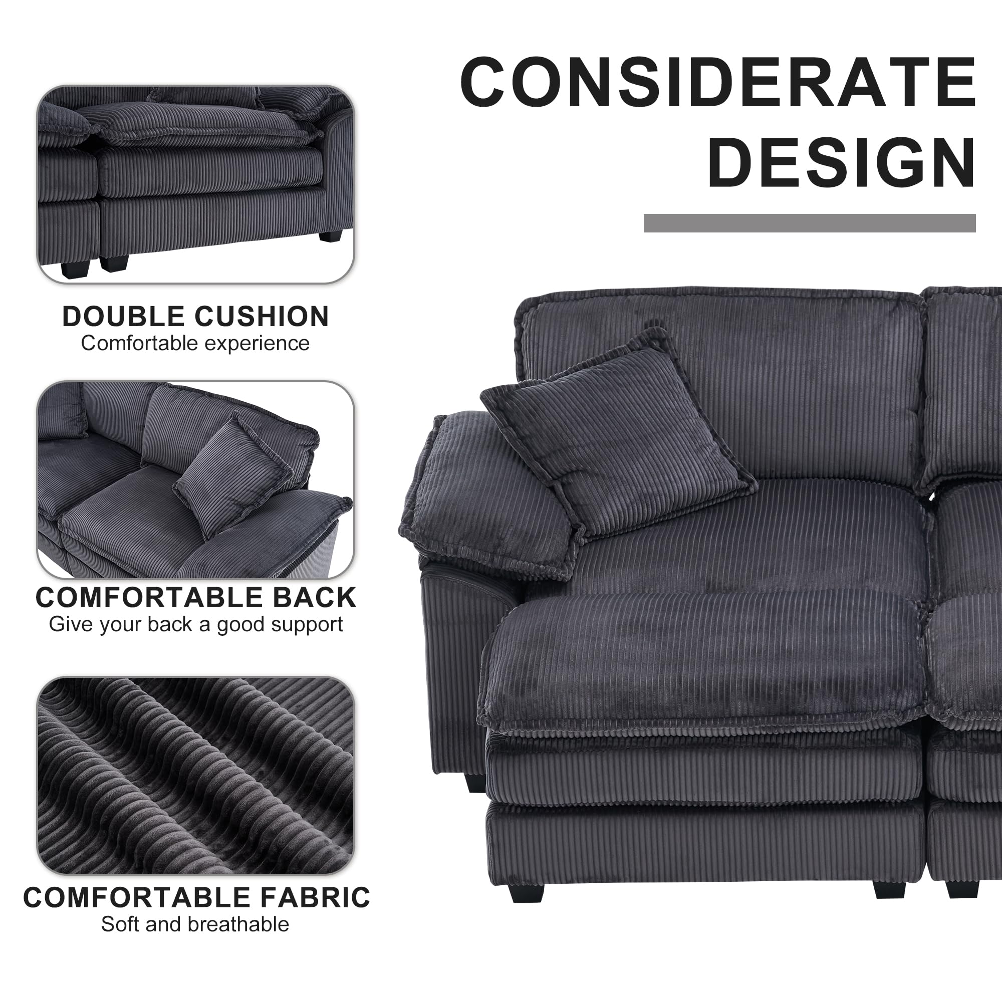 Free Combination Convertible Modular Sectional Sofa Cloud Couch, Comfy Corduroy Double-Upholstered Sleeper Sofa,84.6" Wide Loveseat Couches with Moveable Ottomans and Detachable Pillow-top Armrest