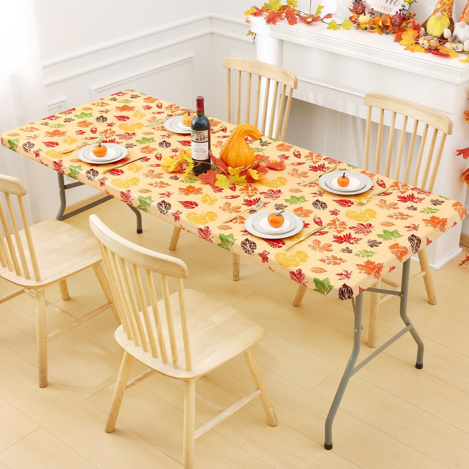 Smiry Plastic Thanksgiving Tablecloth, Fall Leaves Waterproof Elastic Fitted Table Covers for 6 Foot Tables, Wipeable Flannel Backed Vinyl Tablecloths for Autumn Harvest, Parties (Rust, 30x72 Inches)