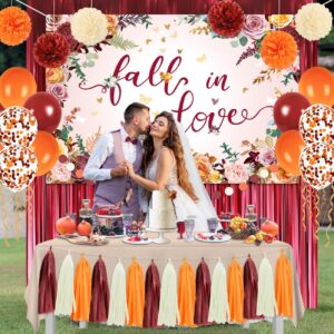 Fall in Love Bridal Shower Decorations Fall Wedding Decorations Floral Pumpkin Fall in Love Banner Bridal Shower Balloons Paper Pom Poms Fringe Curtain for Wedding Bachelorette Party Decorations