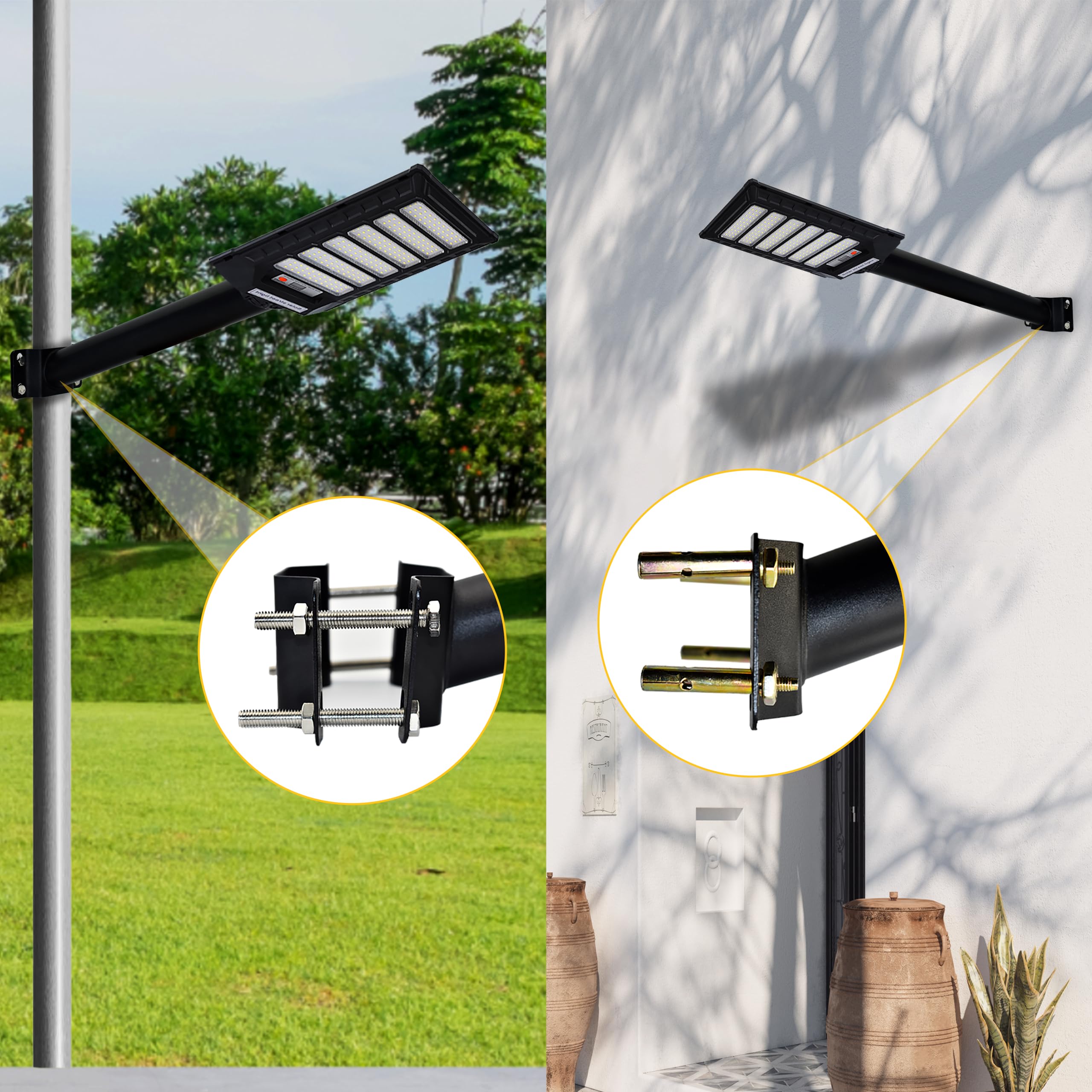 Light Pole Mount, Solar Lighting Mounting Bracket Extension Pole Kit, Wall Mounted Arm for Street Light, Barn Lamp, Post Tree （2 Pack Black）