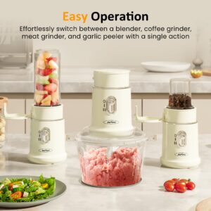 Sunvivi Electric Food Chopper, 4 in 1 Small Food Processor for Grinding Meat, Peeling Garlic & Juicing, 2 Speed Blender and Food Grinder Combo with 1.5L Glass Bowl & 2 Cups (0.4L+0.2L), Beige