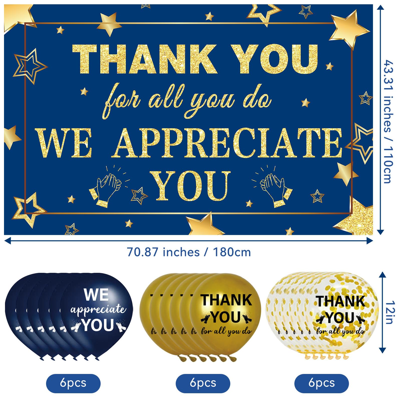 We Appreciate You Decorations Navy Blue Gold Appreciate You Banner with 18pcs Balloons Thank You Backdrop for Teacher Employee Staff Doctors Nurse Poaster Volunteer Appreciation Week Party Decor