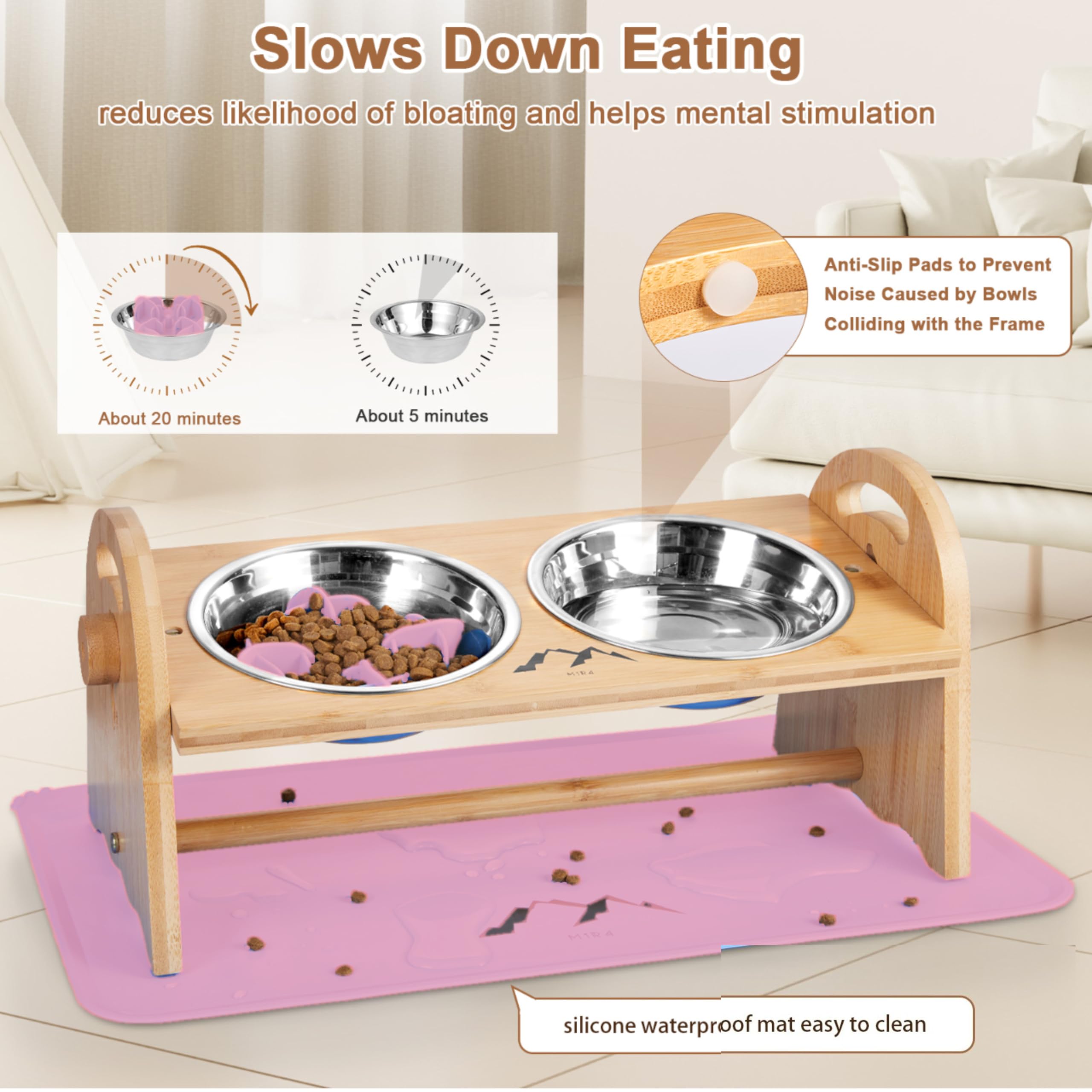 M1R4 Pink Elevated Dog Bowls Set, Adjustable Raised Dog Food Bowl Stand, 2 Stainless Steel Bowls, Silicone Waterproof Mat, Suction Slow Feeder, Durable Bamboo Stand, for Small/Medium Dogs and Cats