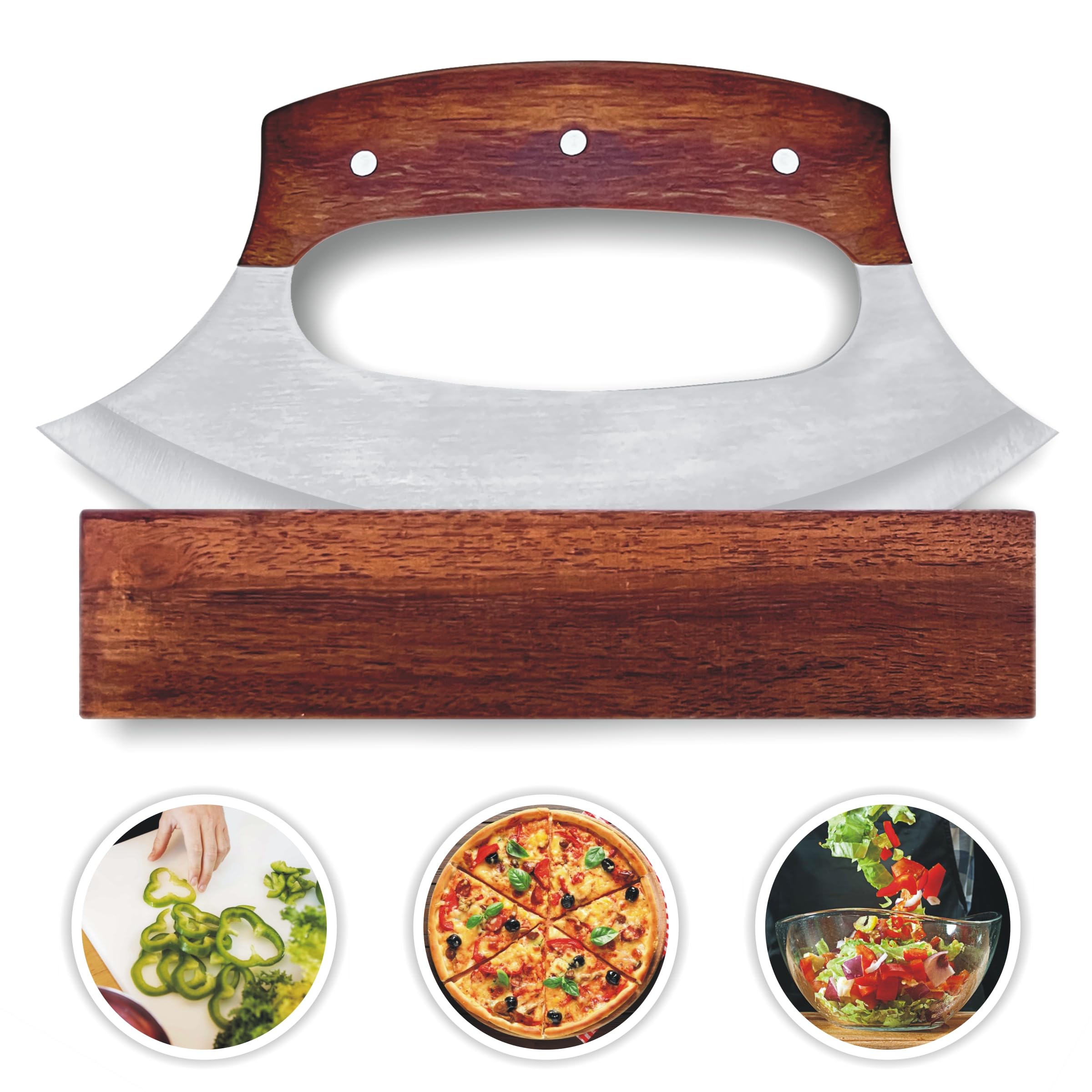 HUNTLUX Stainless Steel Alaskan Ulu Knife With Stand, 6.7" Perfect Pizza Cutter Rocker Knife, Mezzaluna Chopper Knife for Kitchen, Authentic Inuit Eskimo Design, Non-Slip Handle