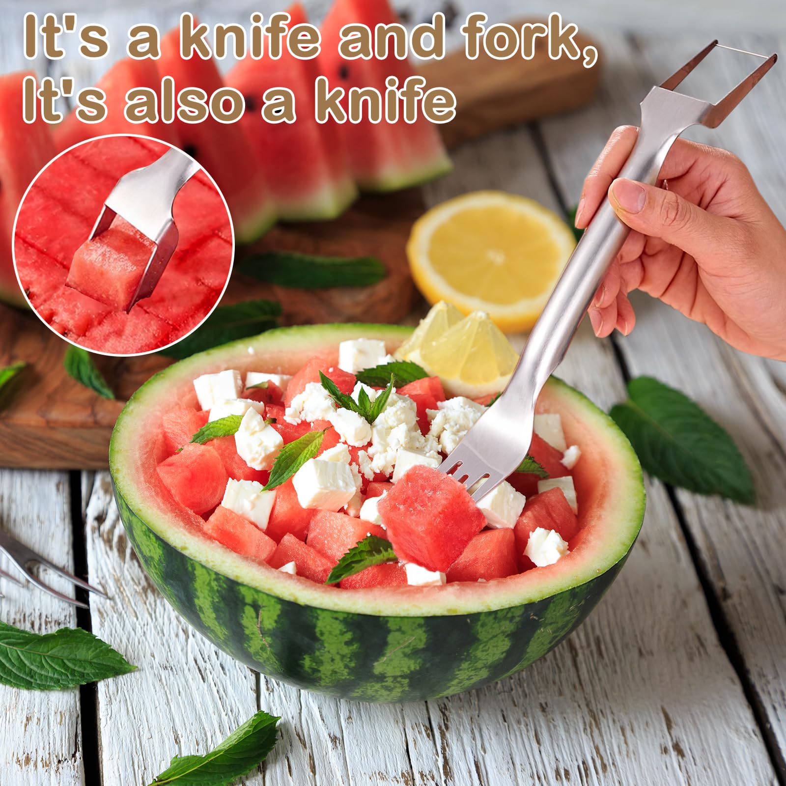 2-in-1 Stainless Steel Fruit Cutter, Dual Head Watermelon Fork Slicer, Fruit Forks Slicer Knife for Home Kitchen (1 Pcs)