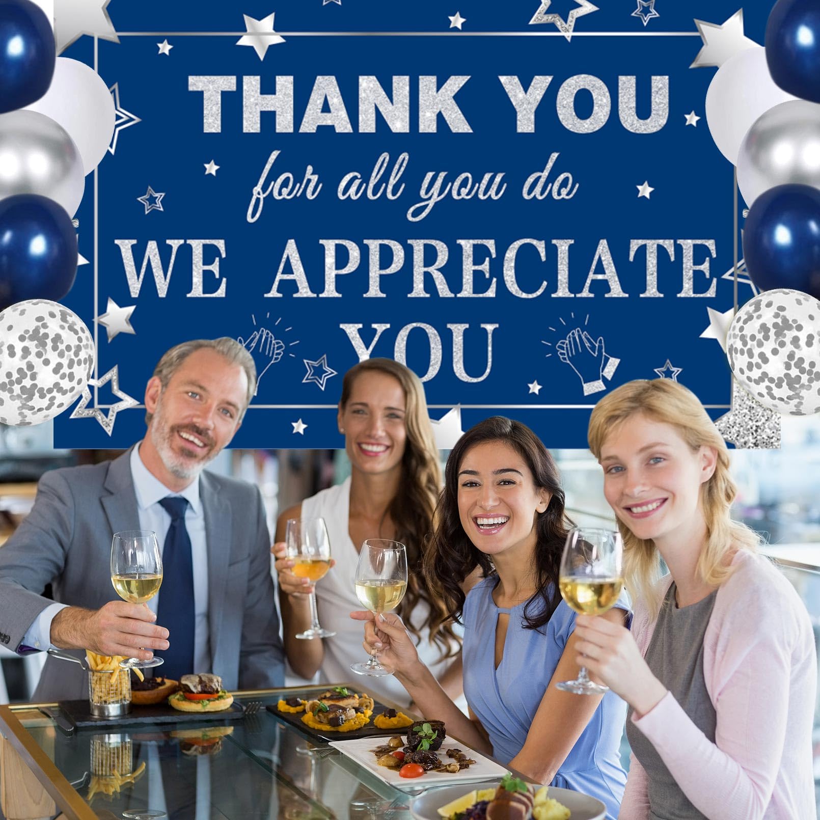 We Appreciate You Decorations Blue Silver Thank You Banner with Balloons Arch Kit We Appreciate You Backdrop for Employee Staff Teacher Doctors Nurse Poaster Volunteer Appreciation Week Party Decor