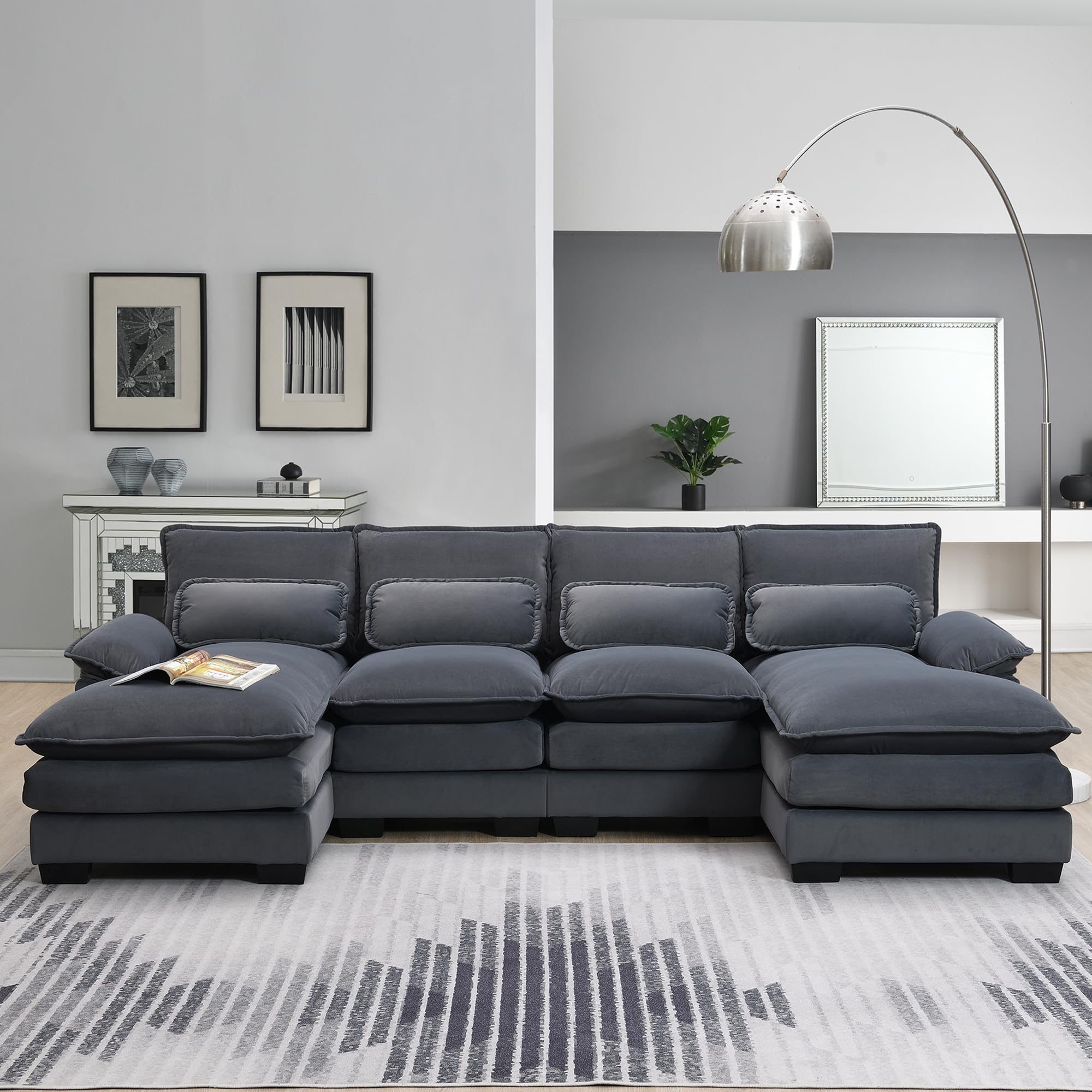 ODUWA Sectional Sofa Couch,110" Modern U-Shaped Sectional Sofa with Waist Pillows,6-Seat Upholstered Velvet Sofa Furniture,Sleeper Sofa Couch with Chaise Lounge for Living Room,Apartment