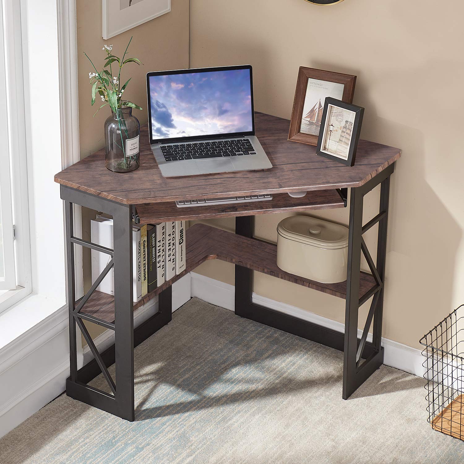 VECELO Corner Computer Desk 41 x 30 inches with Smooth Keyboard & Storage Shelves for Home Office Workstation,Rustic Brown