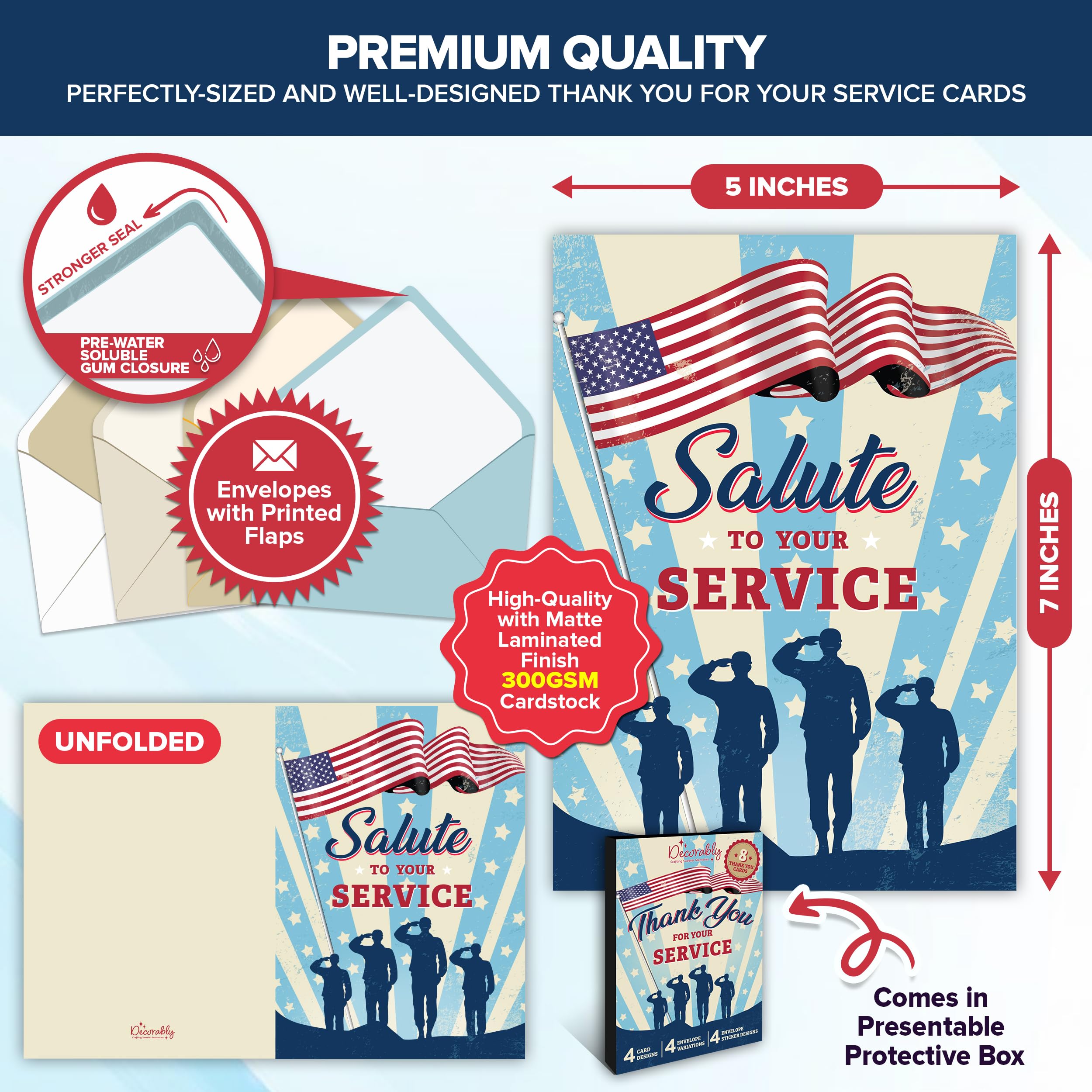 Decorably 8 Pack Thank You for Your Service Cards for Veterans with Envelopes & Stickers - 4 Designs Printed Message Inside Patriotic Cards with Envelopes, 5x7in Veterans Day Cards