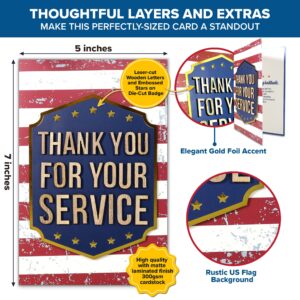 Decorably Gold-Foiled Individual Thank You for Your Service Card with Wooden Letters on Die-Cut Badge, 5x7in Veteran Thank You Cards Set with Envelope & Stickers, Veteran Card with Printed Message