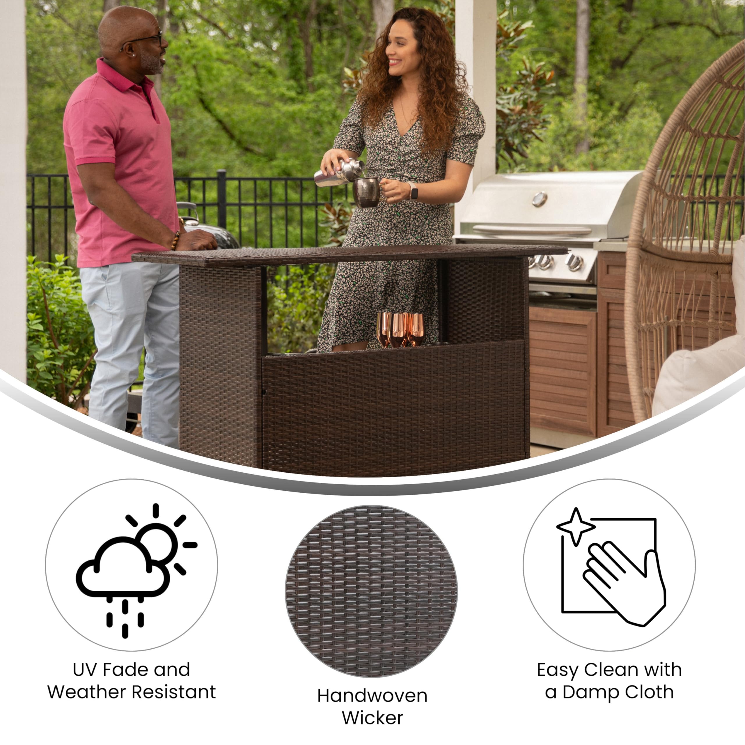 Flash Furniture Marco Indoor/Outdoor Patio Bar Counter Table, All-Weather Wicker Rattan Pattern, 2 Shelves, Brown