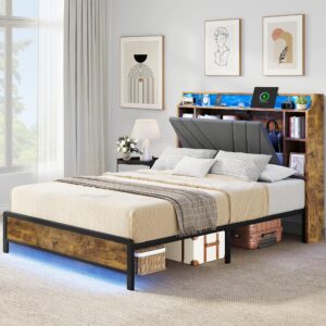 yitahome queen bed frame with storage headboard, platform upholstered bed with led lights & charging station, no box spring needed - brown