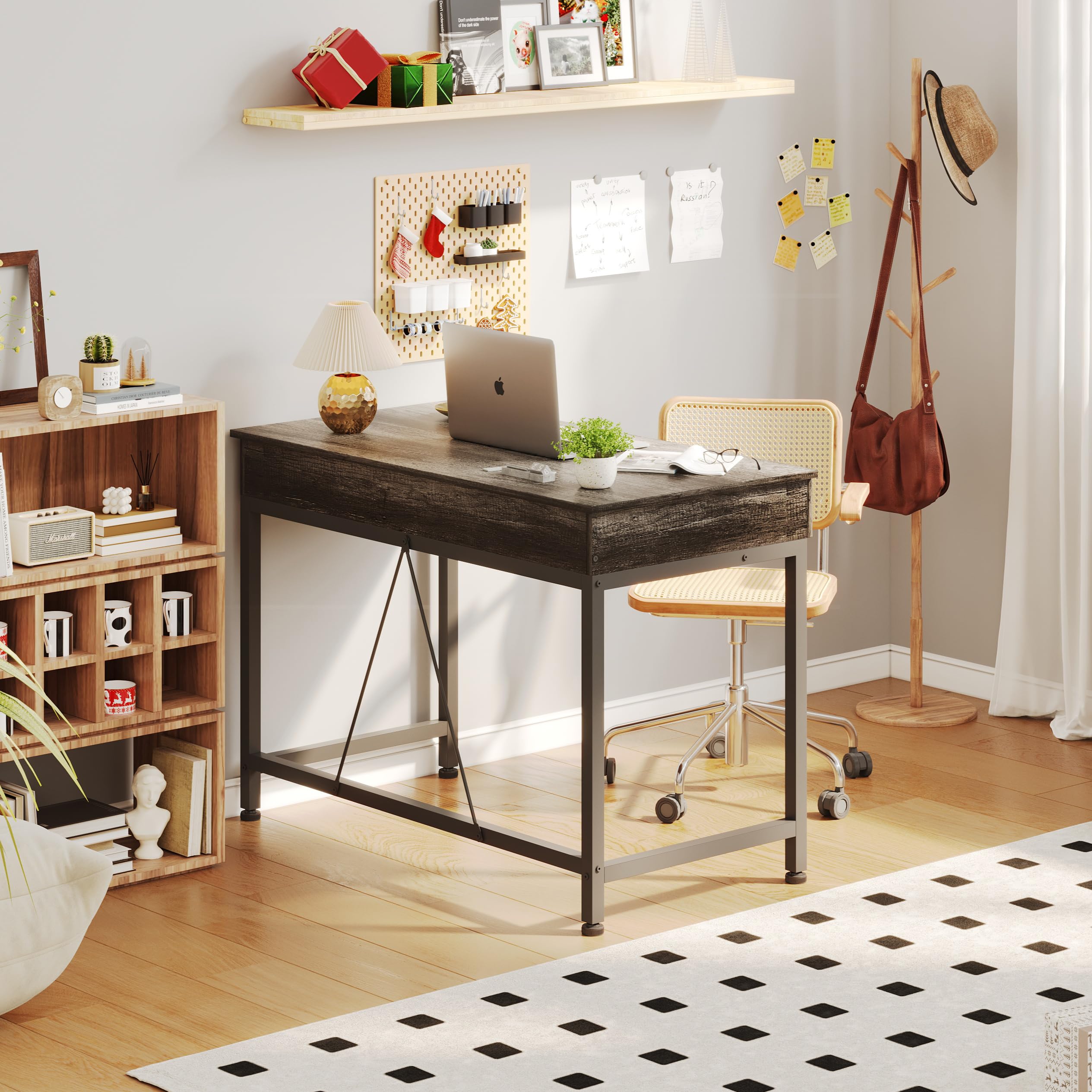 Mexin Small Desk with 2 Wooden Drawers, 40 Inch Home Office Writing Desk, Vanity Desk with Storage, Computer Desk for Bedroom Small Spaces, Desk Table for Office, Kids Study, Makeup, Grey Oak