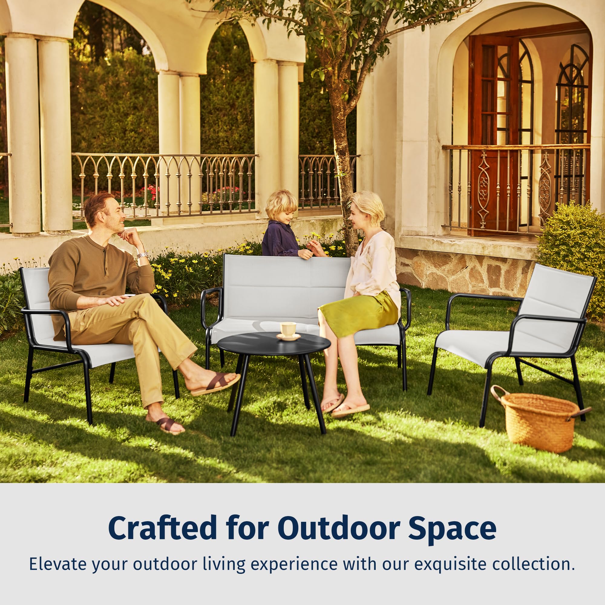 EAST OAK 4 Seats Outdoor Furniture Set, Waterproof Patio Furniture Set, Patio Loveseat with Coffee Table for Garden or Porch, 4-Piece Patio Conversation Sets for Balcony in Grey