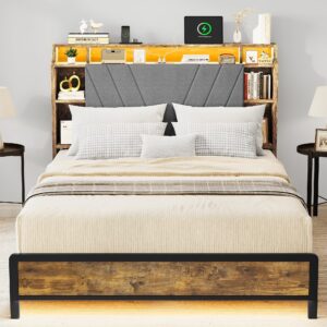 YITAHOME Queen Bed Frame with Storage Headboard, Platform Upholstered Bed with LED Lights & Charging Station, No Box Spring Needed - Brown