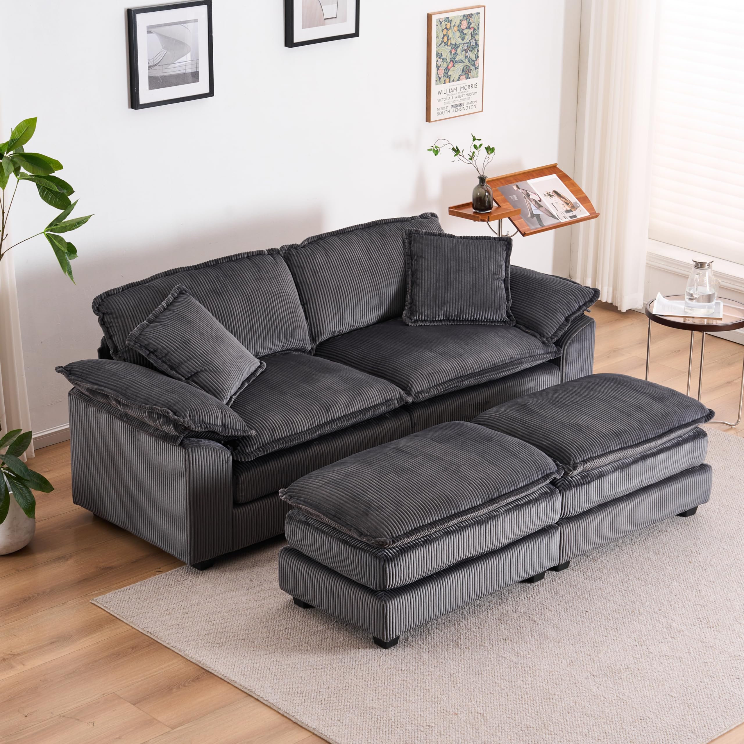 Free Combination Convertible Modular Sectional Sofa Cloud Couch, Comfy Corduroy Double-Upholstered Sleeper Sofa,84.6" Wide Loveseat Couches with Moveable Ottomans and Detachable Pillow-top Armrest