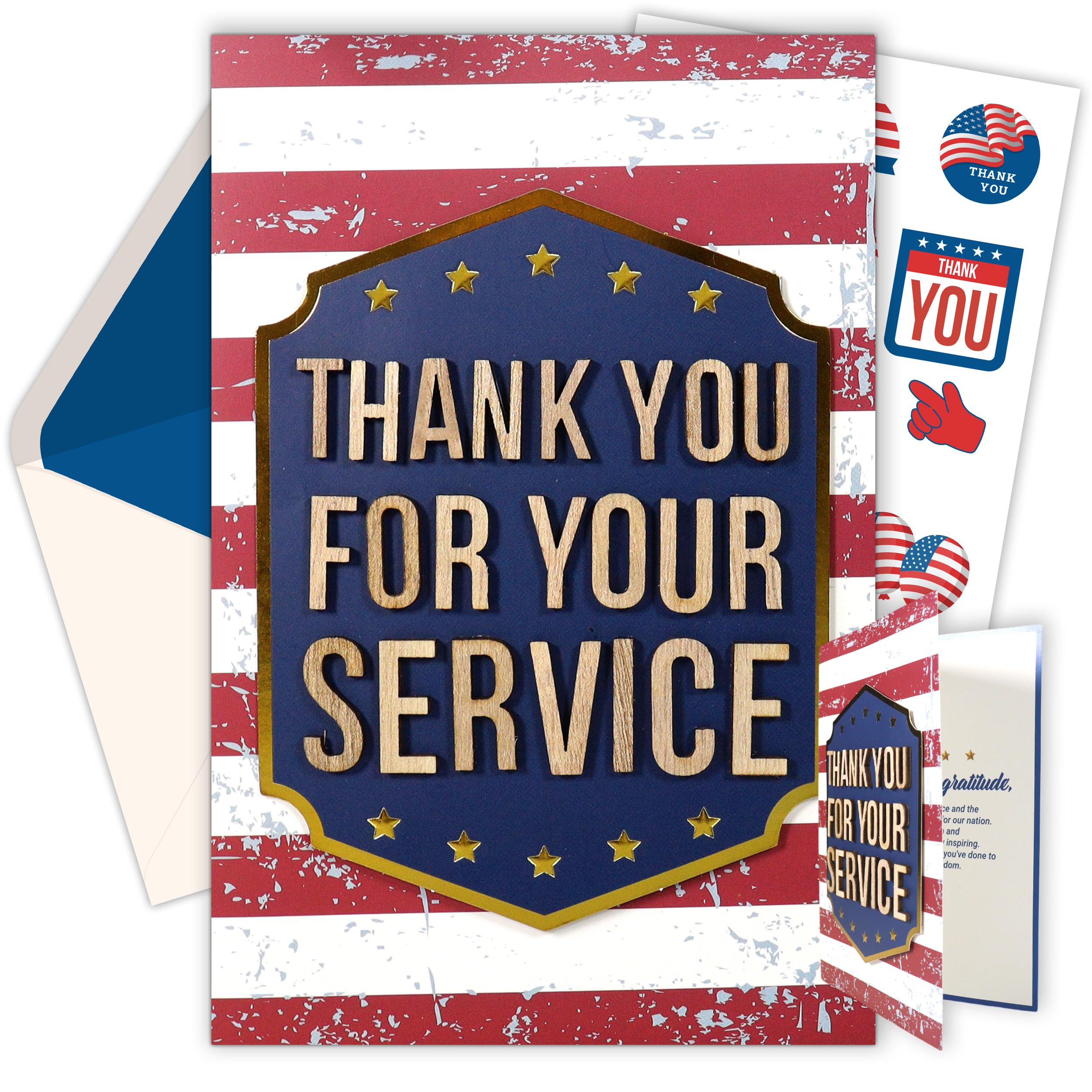 Decorably Gold-Foiled Individual Thank You for Your Service Card with Wooden Letters on Die-Cut Badge, 5x7in Veteran Thank You Cards Set with Envelope & Stickers, Veteran Card with Printed Message