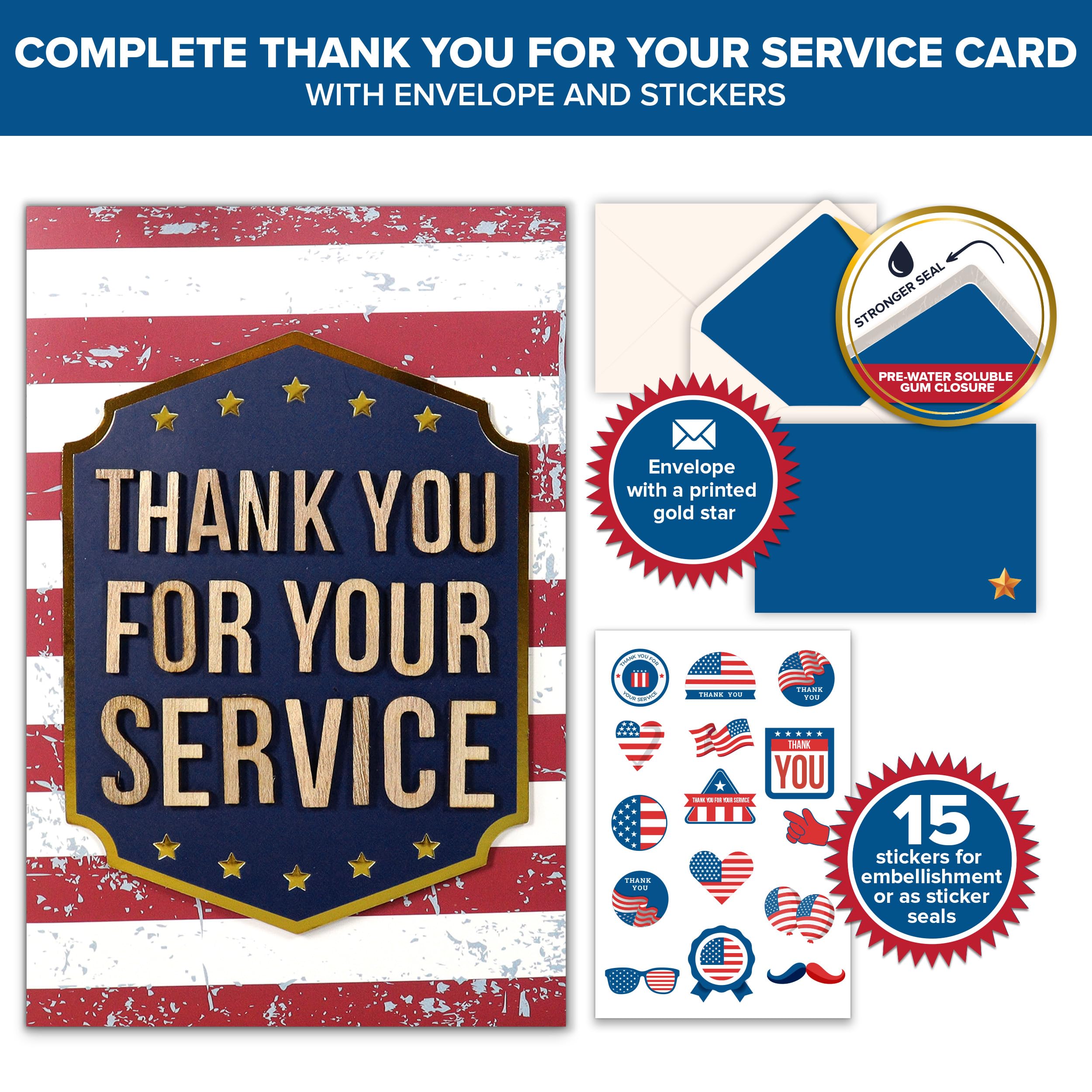 Decorably Gold-Foiled Individual Thank You for Your Service Card with Wooden Letters on Die-Cut Badge, 5x7in Veteran Thank You Cards Set with Envelope & Stickers, Veteran Card with Printed Message