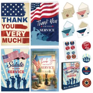 decorably 8 pack thank you for your service cards for veterans with envelopes & stickers - 4 designs printed message inside patriotic cards with envelopes, 5x7in veterans day cards