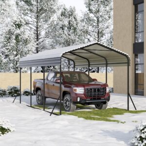 gs chier 10x15ft metal carport, heavy duty carport with galvanized steel roof and enhanced base, upgraded large outdoor carport canopy, metal carport garage for cars, boats, trucks, gray(10x15ft)